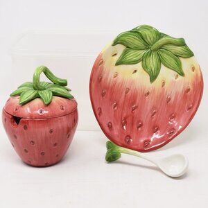 Strawberry Jam Jelly Sugar Bowl Lid Plate Spoon Cottagecore Farmhouse Compote